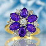 Ellibelle Jewellery Vintage 1974 Amethyst & Diamond 18ct Gold Daisy Cluster Ring