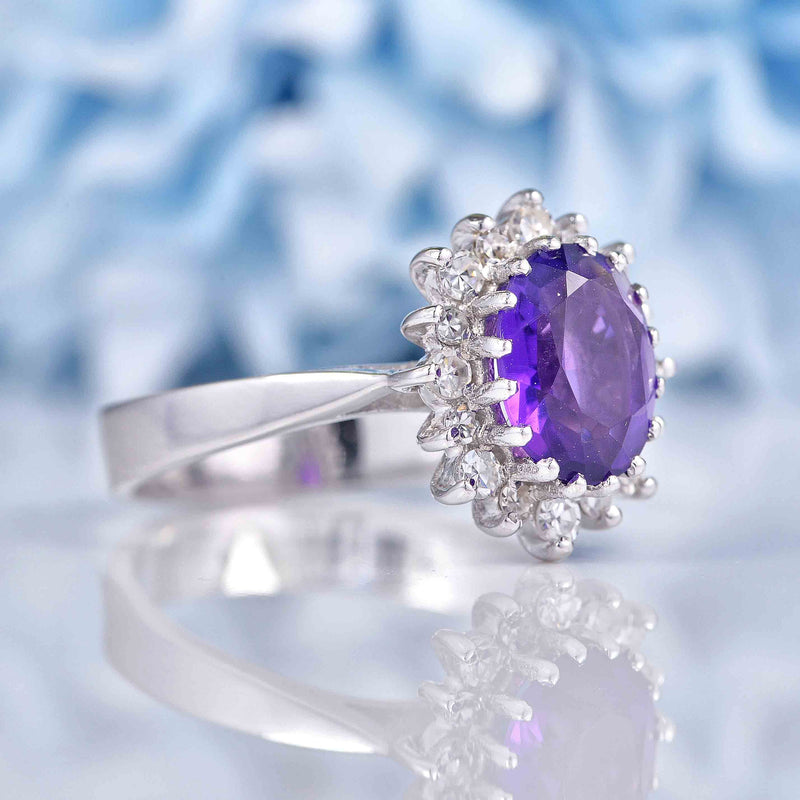 Ellibelle Jewellery Vintage 1974 Amethyst & Diamond 18ct White Gold Cluster Ring