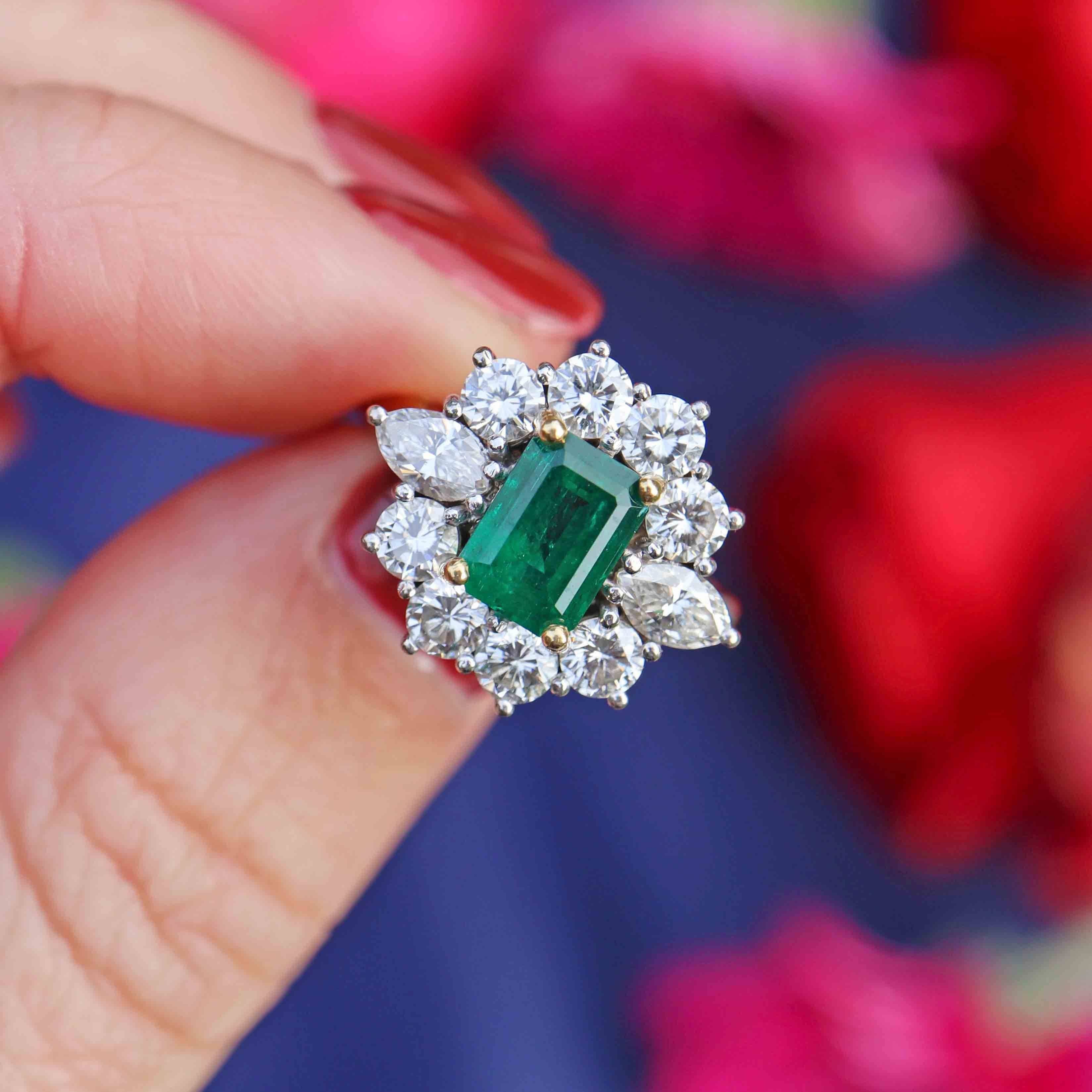 Ellibelle Jewellery Vintage 1974 Emerald & Diamond 18ct Gold Cluster Ring By Cropp & Farr