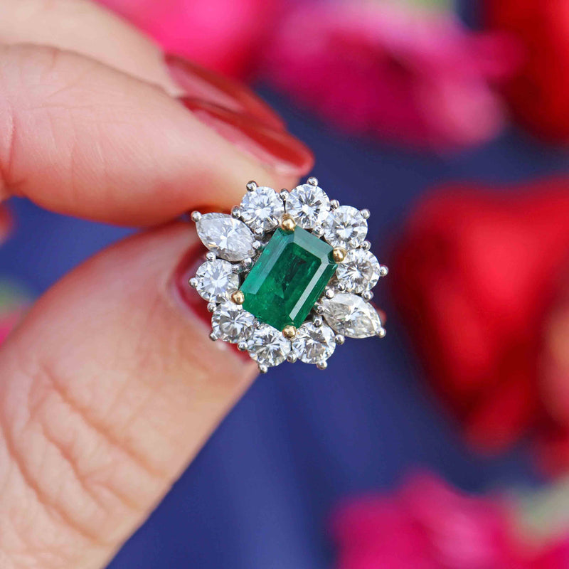 Ellibelle Jewellery Vintage 1974 Emerald & Diamond 18ct Gold Cluster Ring By Cropp & Farr