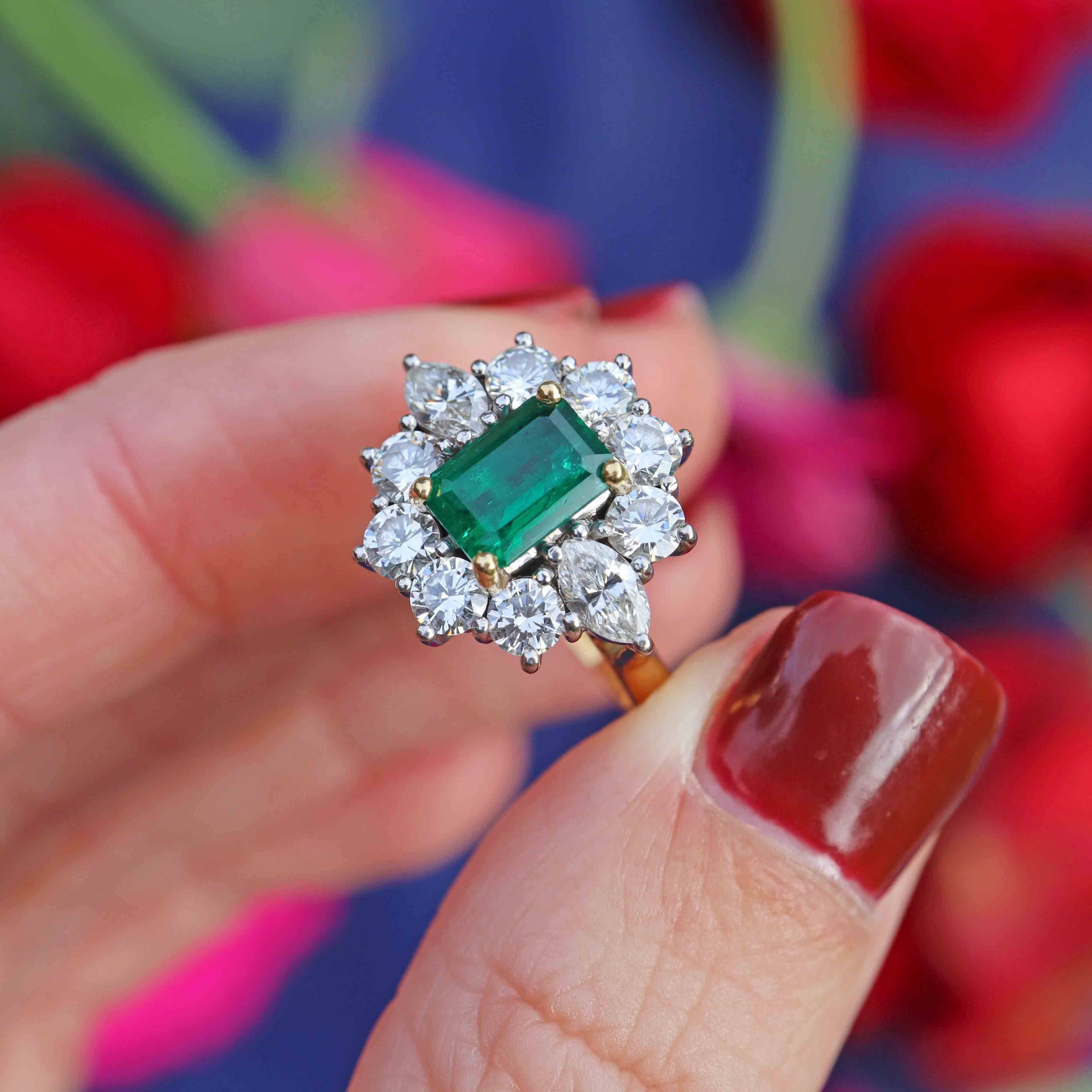 Ellibelle Jewellery Vintage 1974 Emerald & Diamond 18ct Gold Cluster Ring By Cropp & Farr