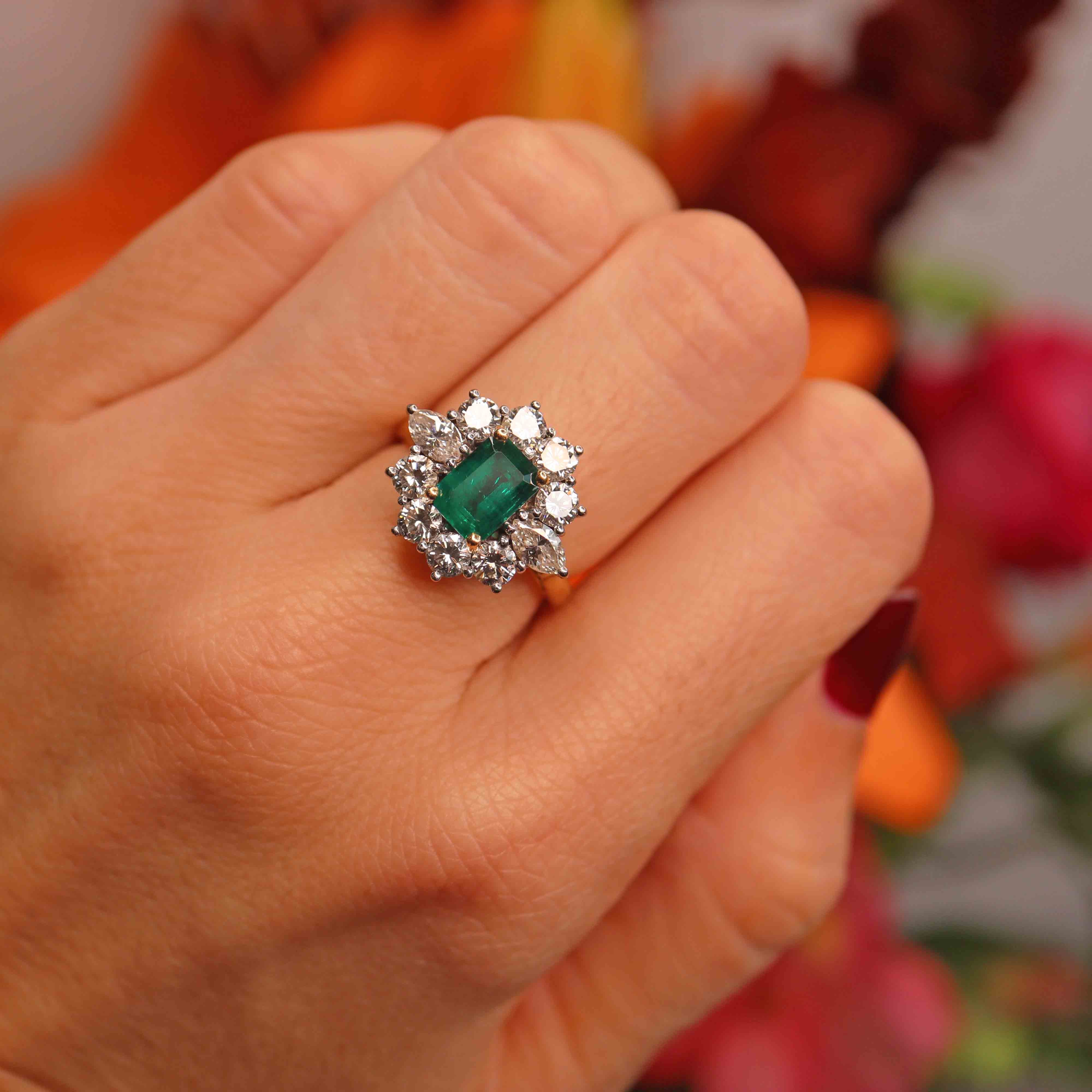 Ellibelle Jewellery Vintage 1974 Emerald & Diamond 18ct Gold Cluster Ring By Cropp & Farr
