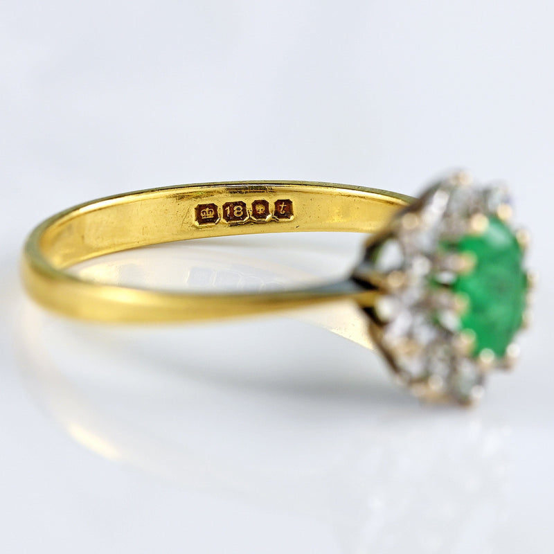 Ellibelle Jewellery Vintage 1974 Emerald & Diamond 18ct Gold Oval Cluster Ring