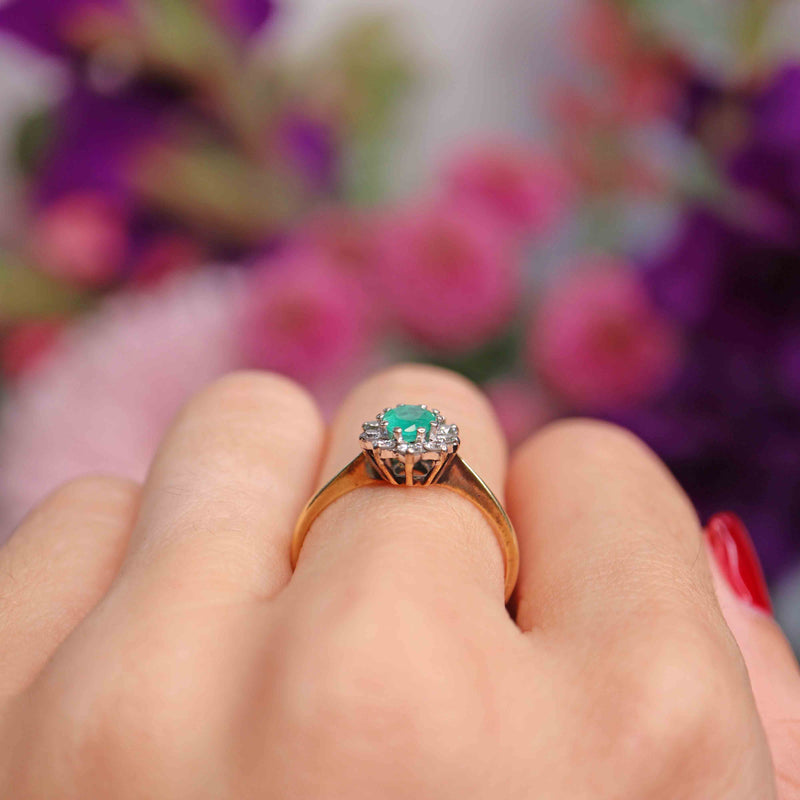 Ellibelle Jewellery Vintage 1974 Emerald & Diamond 18ct Gold Oval Cluster Ring