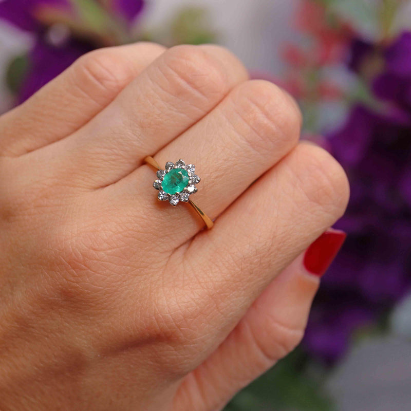 Ellibelle Jewellery Vintage 1974 Emerald & Diamond 18ct Gold Oval Cluster Ring