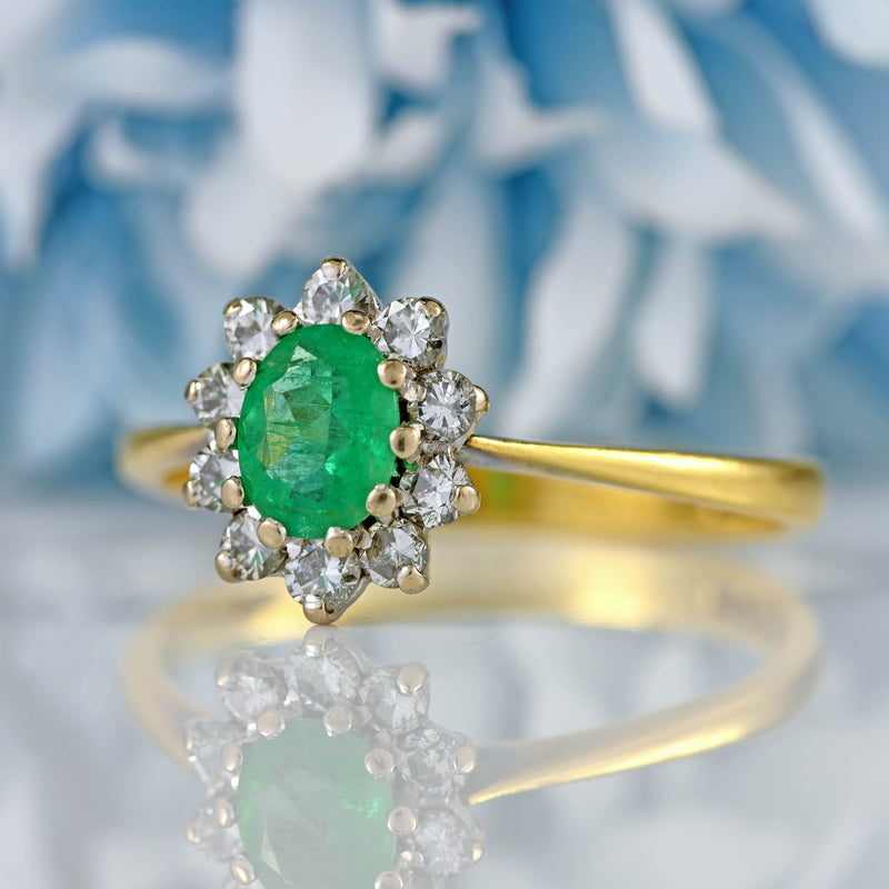 Ellibelle Jewellery Vintage 1974 Emerald & Diamond 18ct Gold Oval Cluster Ring