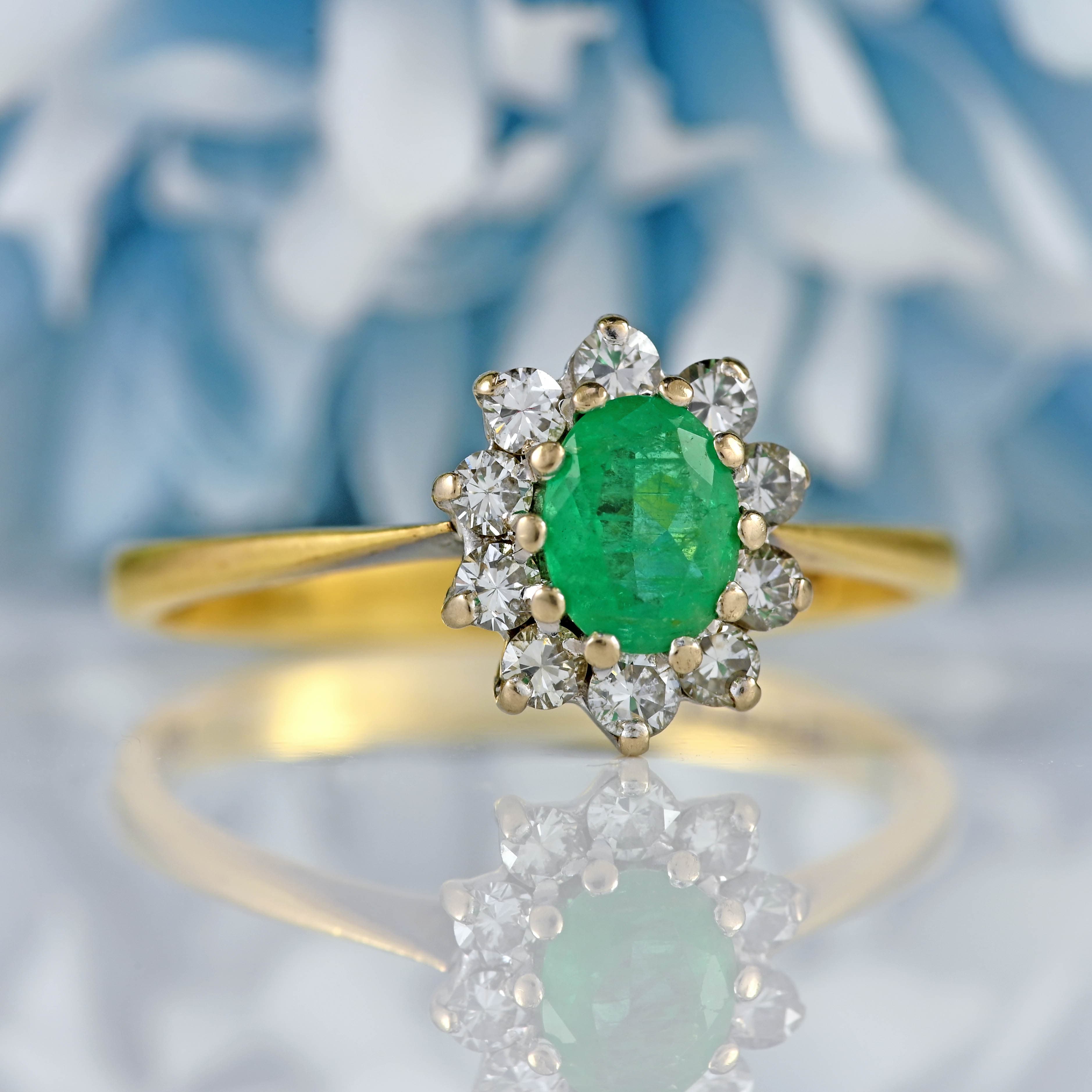 Ellibelle Jewellery Vintage 1974 Emerald & Diamond 18ct Gold Oval Cluster Ring