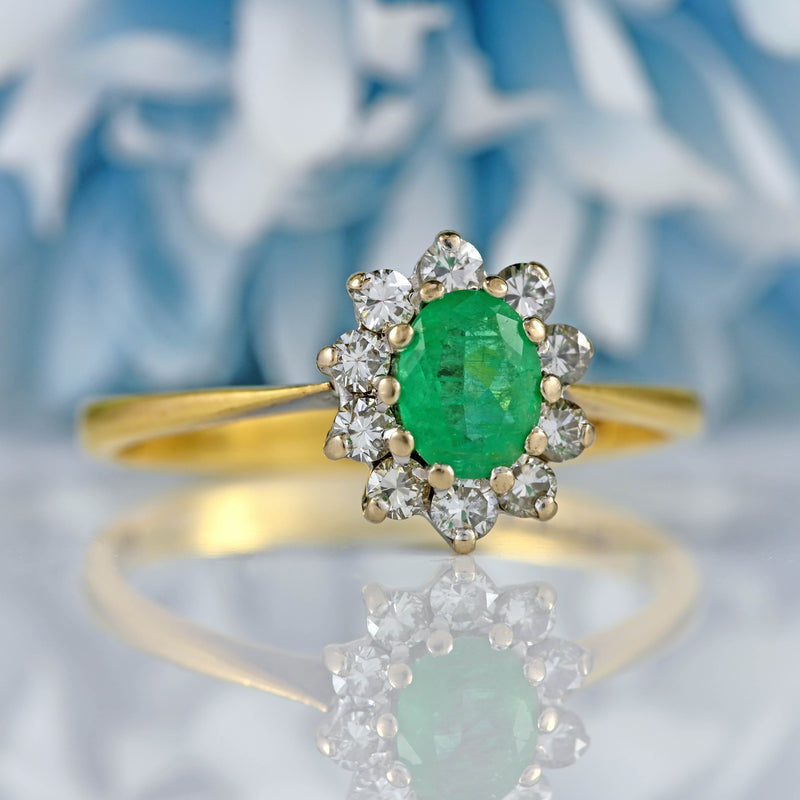Ellibelle Jewellery Vintage 1974 Emerald & Diamond 18ct Gold Oval Cluster Ring