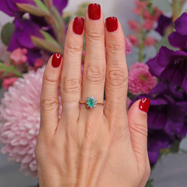 Ellibelle Jewellery Vintage 1974 Emerald & Diamond 18ct Gold Oval Cluster Ring