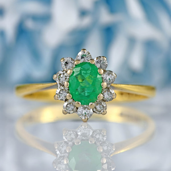 Ellibelle Jewellery Vintage 1974 Emerald & Diamond 18ct Gold Oval Cluster Ring