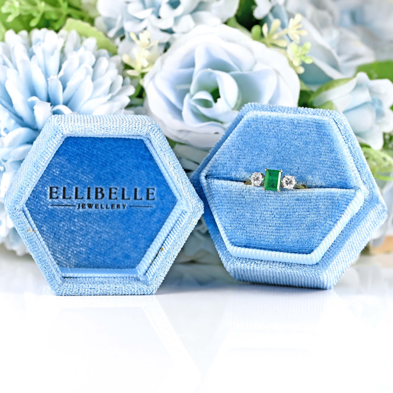 Ellibelle Jewellery Vintage 1974 Emerald & Diamond 18ct Gold Three-Stone Engagement Ring