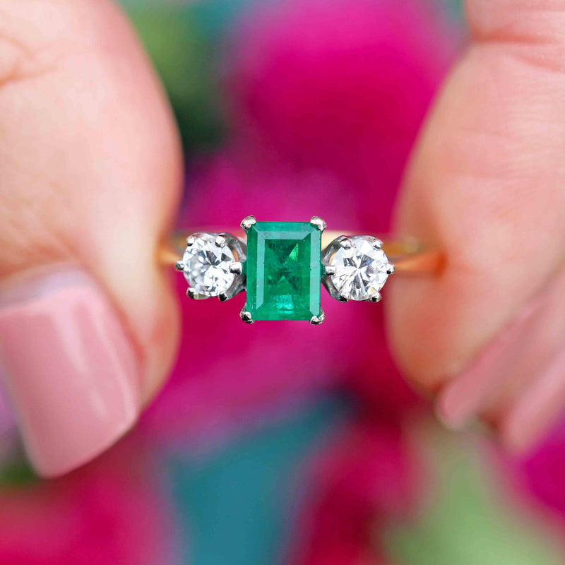 Ellibelle Jewellery Vintage 1974 Emerald & Diamond 18ct Gold Three-Stone Engagement Ring