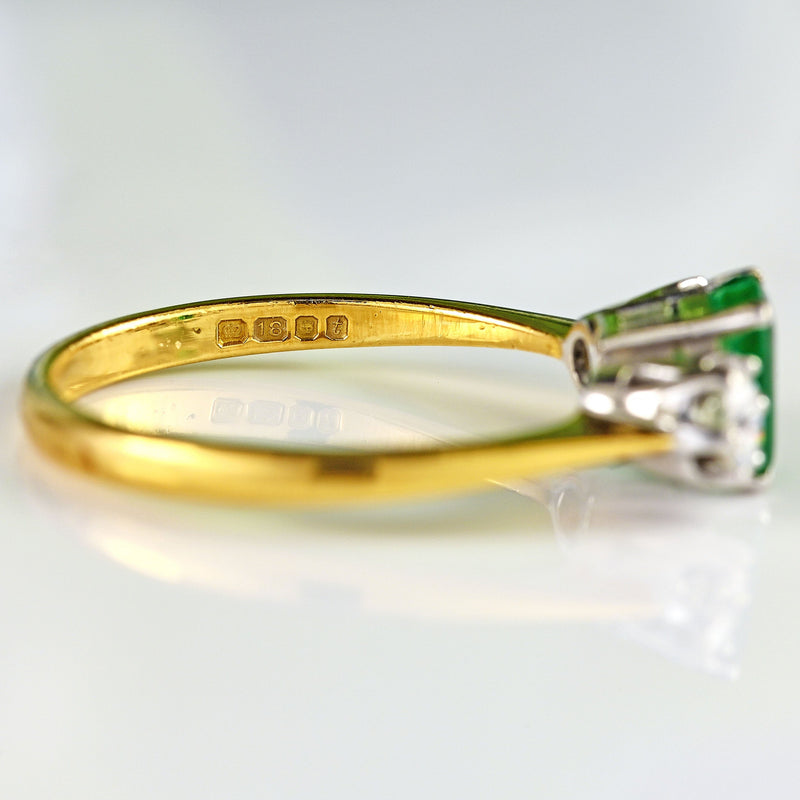Ellibelle Jewellery Vintage 1974 Emerald & Diamond 18ct Gold Three-Stone Engagement Ring
