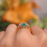 Ellibelle Jewellery Vintage 1974 Emerald & Diamond 18ct Gold Three-Stone Engagement Ring