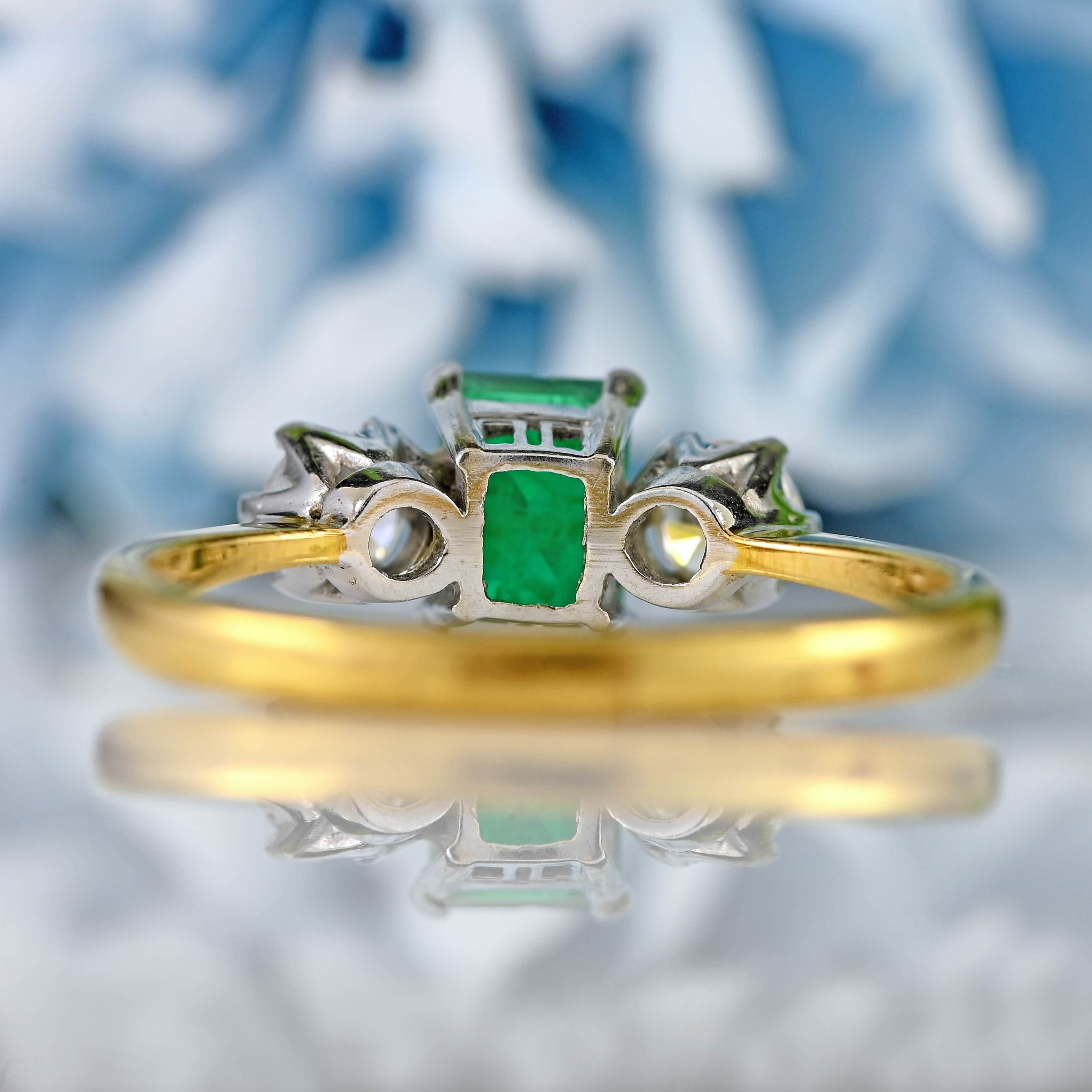 Ellibelle Jewellery Vintage 1974 Emerald & Diamond 18ct Gold Three-Stone Engagement Ring