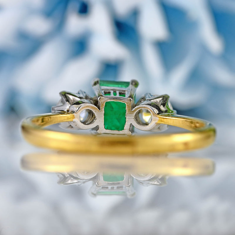 Ellibelle Jewellery Vintage 1974 Emerald & Diamond 18ct Gold Three-Stone Engagement Ring