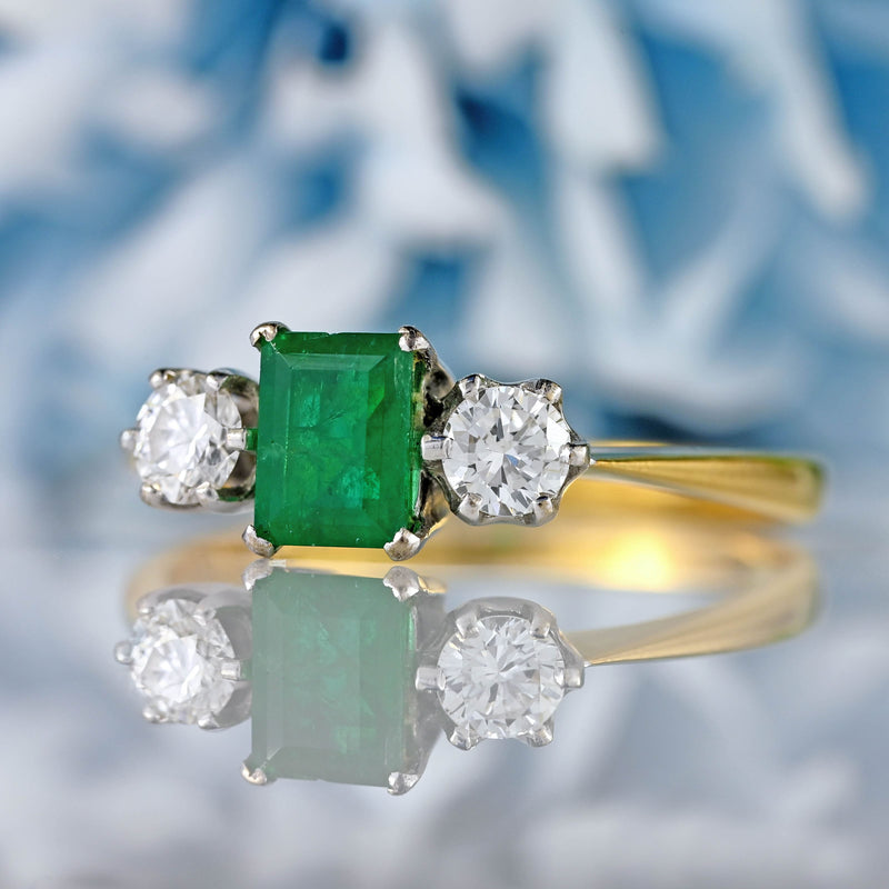 Ellibelle Jewellery Vintage 1974 Emerald & Diamond 18ct Gold Three-Stone Engagement Ring