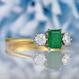 Ellibelle Jewellery Vintage 1974 Emerald & Diamond 18ct Gold Three-Stone Engagement Ring