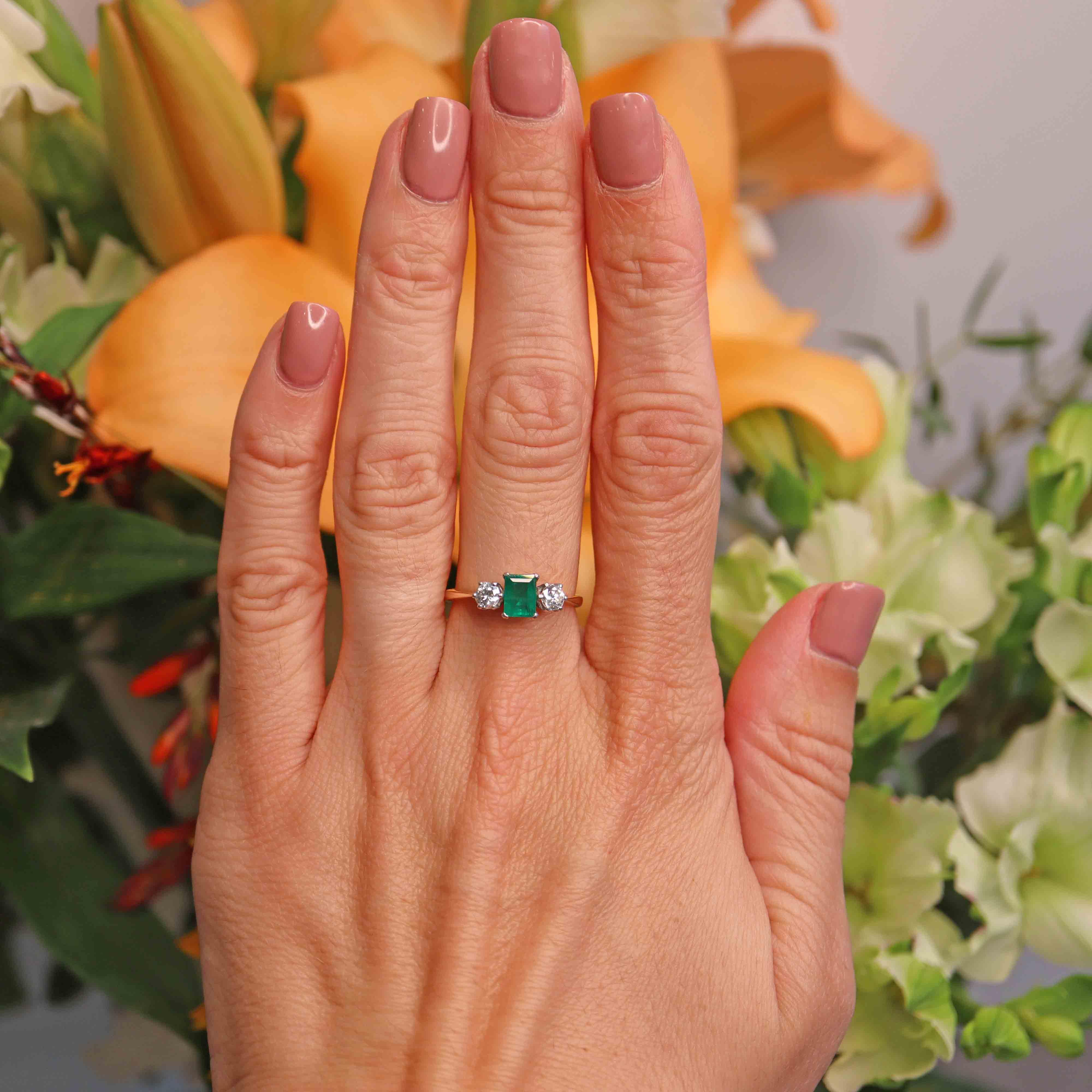 Ellibelle Jewellery Vintage 1974 Emerald & Diamond 18ct Gold Three-Stone Engagement Ring