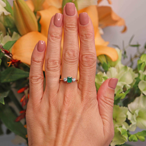Ellibelle Jewellery Vintage 1974 Emerald & Diamond 18ct Gold Three-Stone Engagement Ring