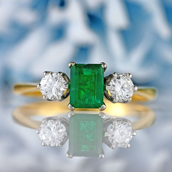 Ellibelle Jewellery Vintage 1974 Emerald & Diamond 18ct Gold Three-Stone Engagement Ring