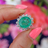 Ellibelle Jewellery Vintage 1974 Emerald & Diamond 18ct White Gold Cluster Engagement Ring