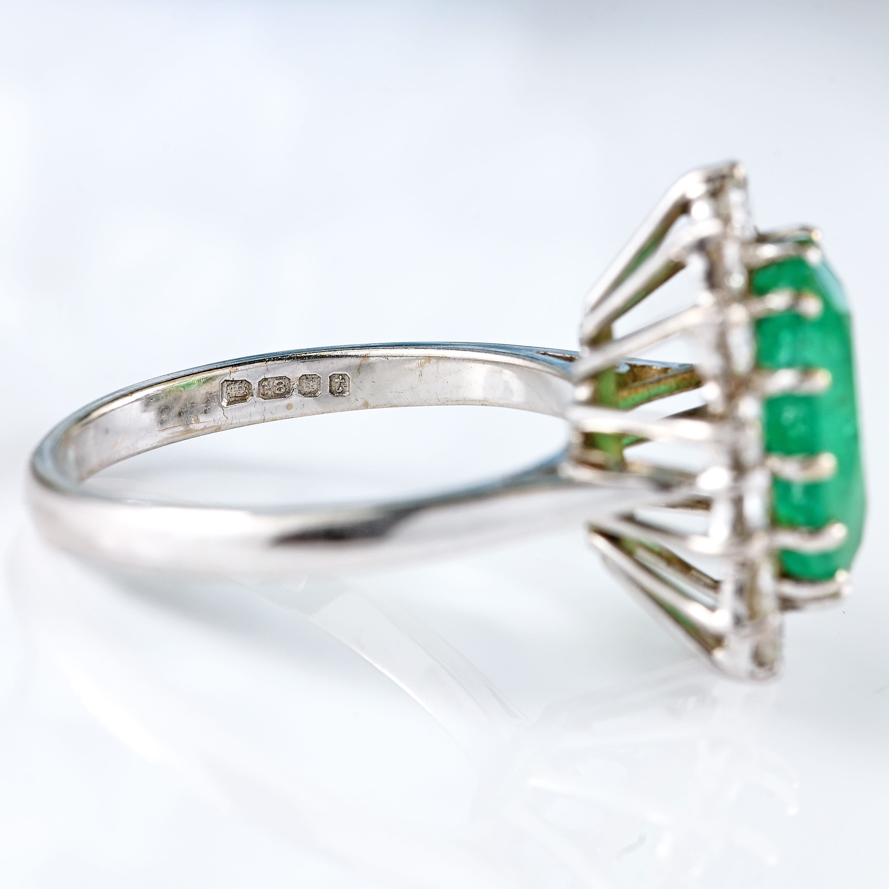 Ellibelle Jewellery Vintage 1974 Emerald & Diamond 18ct White Gold Cluster Engagement Ring