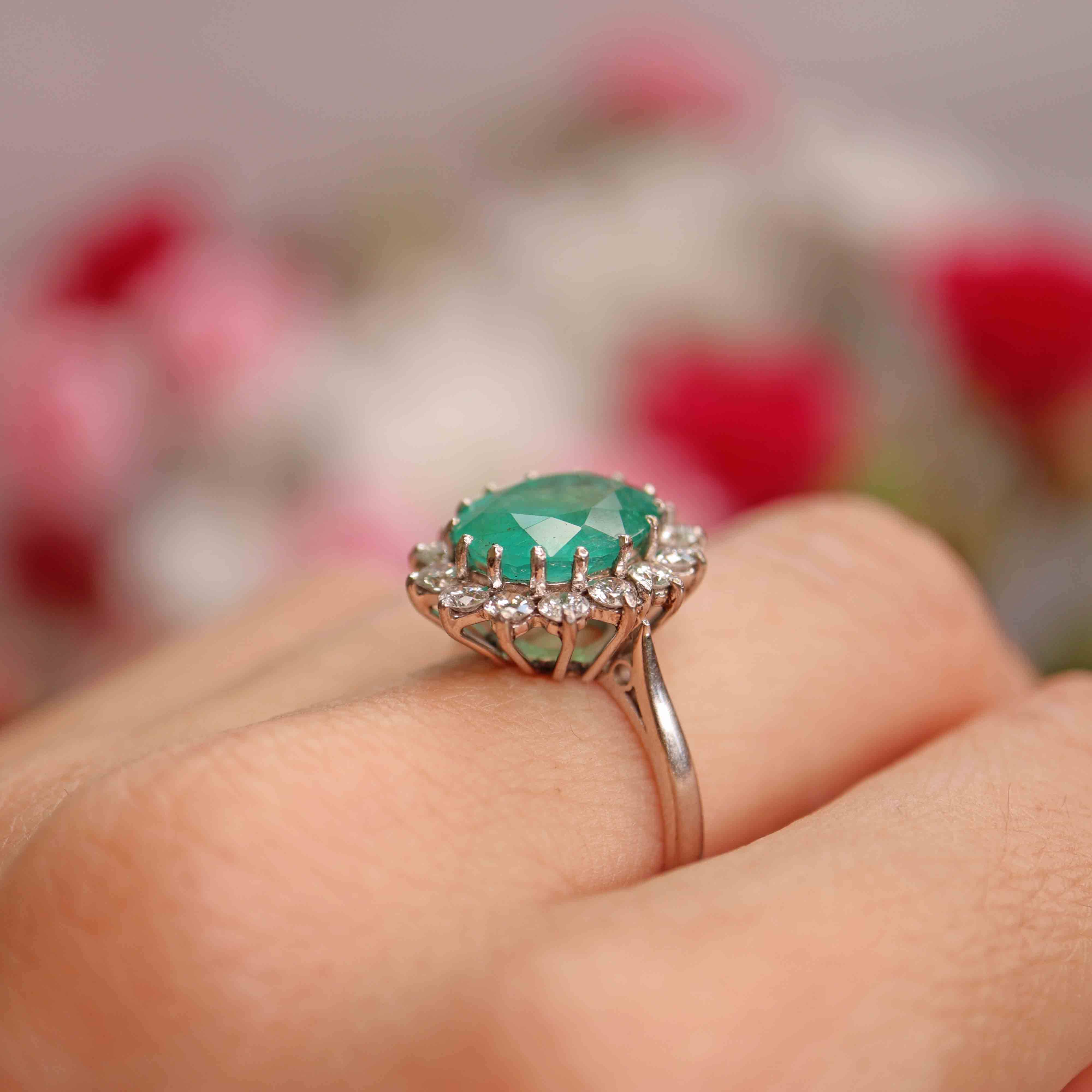 Ellibelle Jewellery Vintage 1974 Emerald & Diamond 18ct White Gold Cluster Engagement Ring