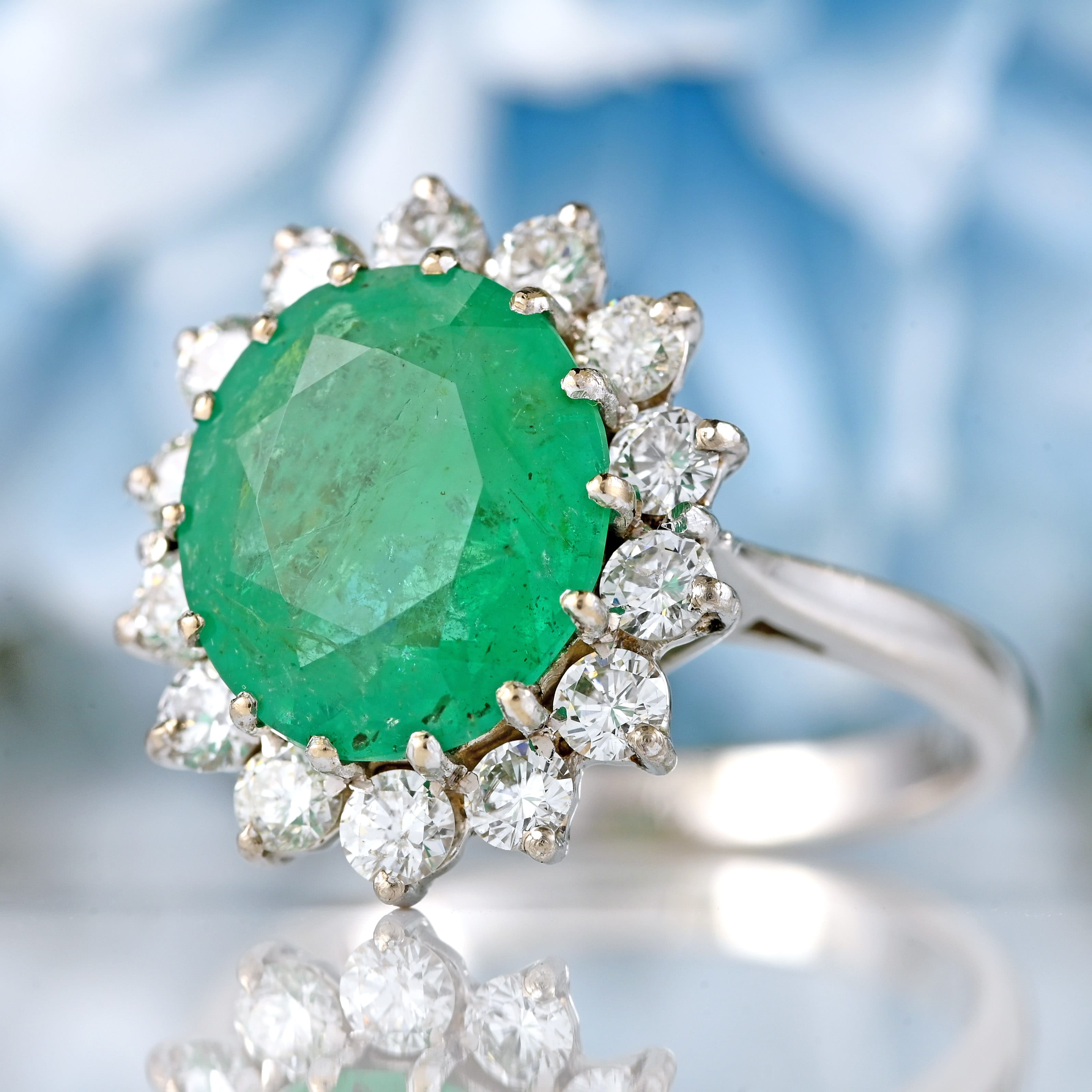 Ellibelle Jewellery Vintage 1974 Emerald & Diamond 18ct White Gold Cluster Engagement Ring