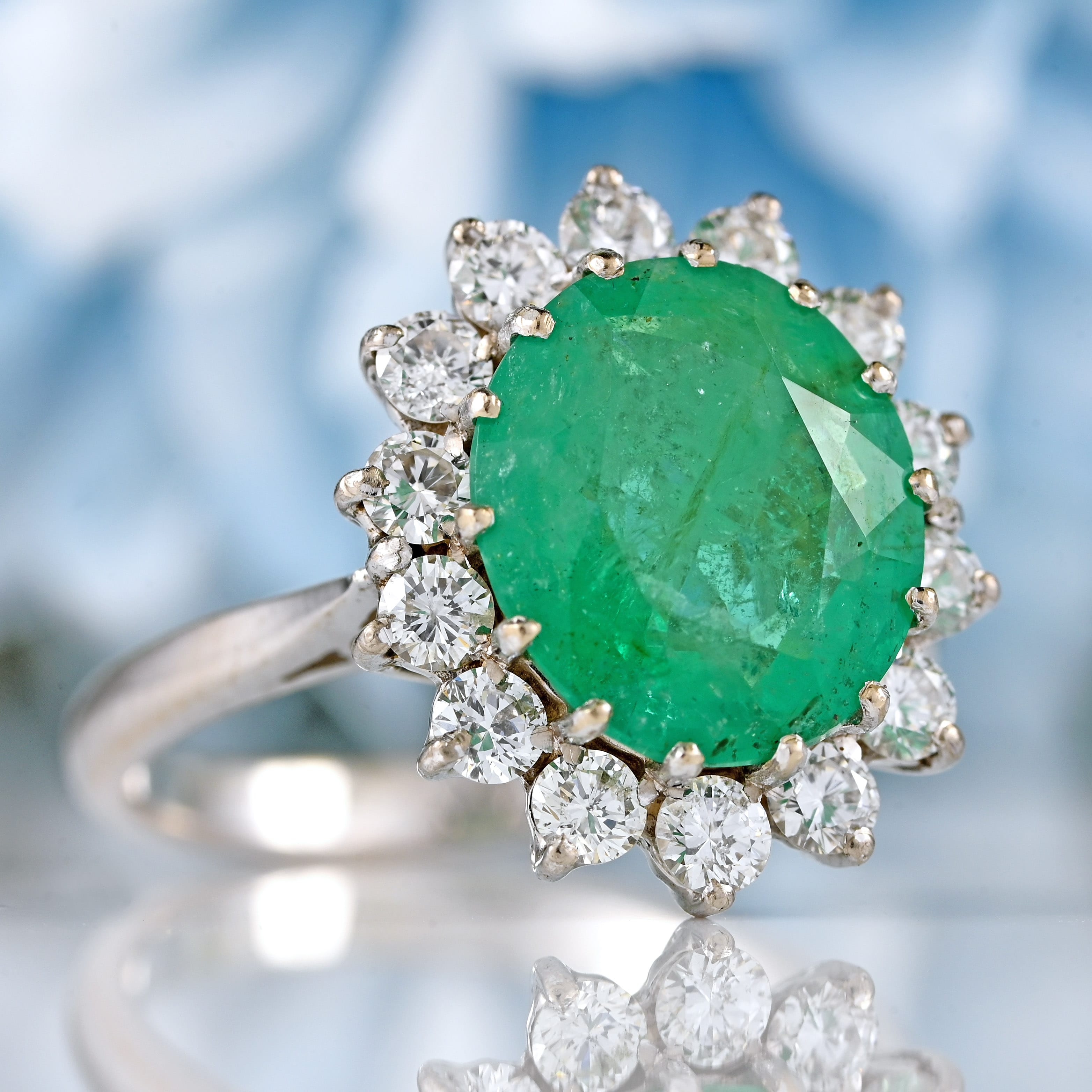 Ellibelle Jewellery Vintage 1974 Emerald & Diamond 18ct White Gold Cluster Engagement Ring