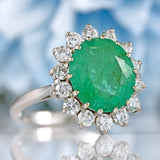 Ellibelle Jewellery Vintage 1974 Emerald & Diamond 18ct White Gold Cluster Engagement Ring