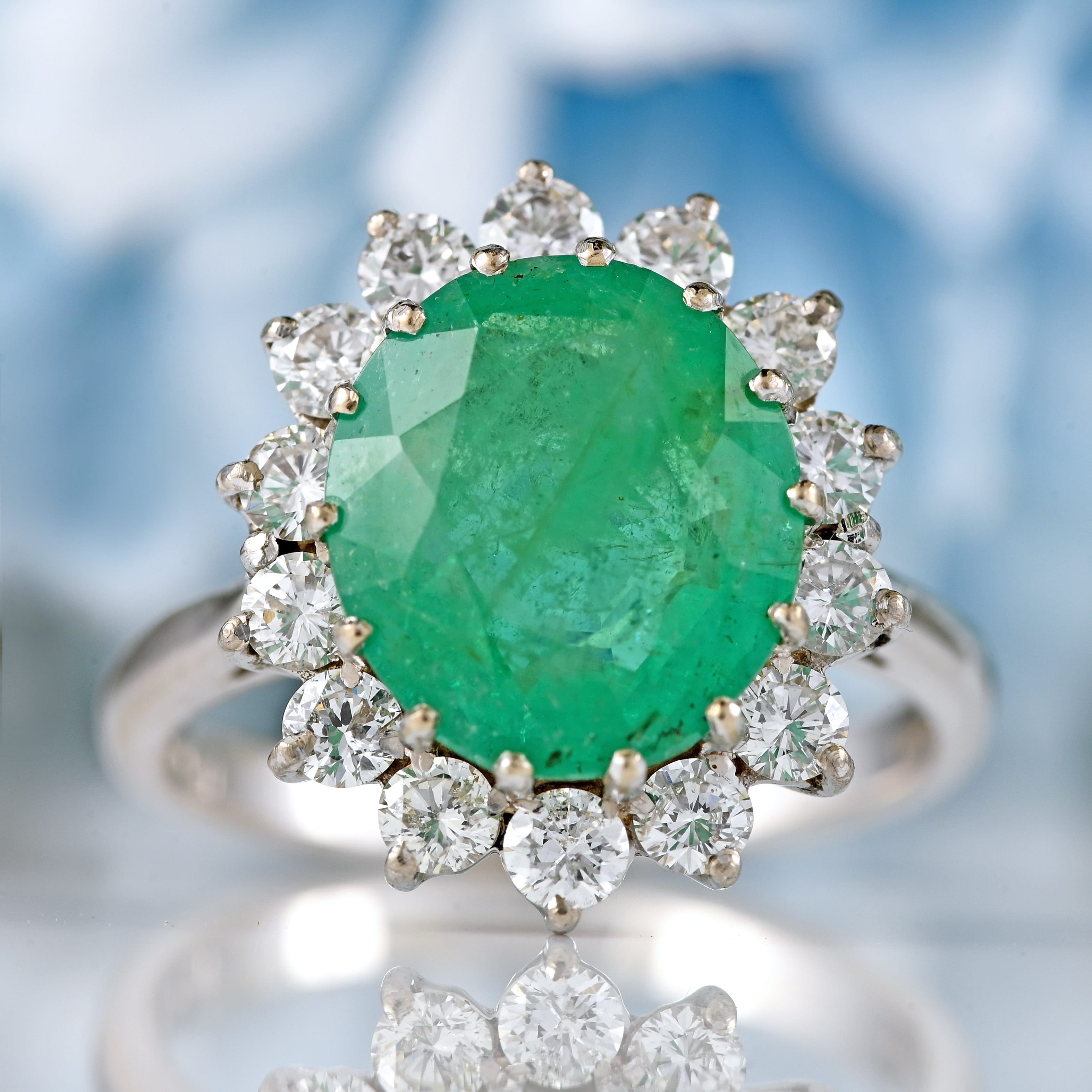 Ellibelle Jewellery Vintage 1974 Emerald & Diamond 18ct White Gold Cluster Engagement Ring