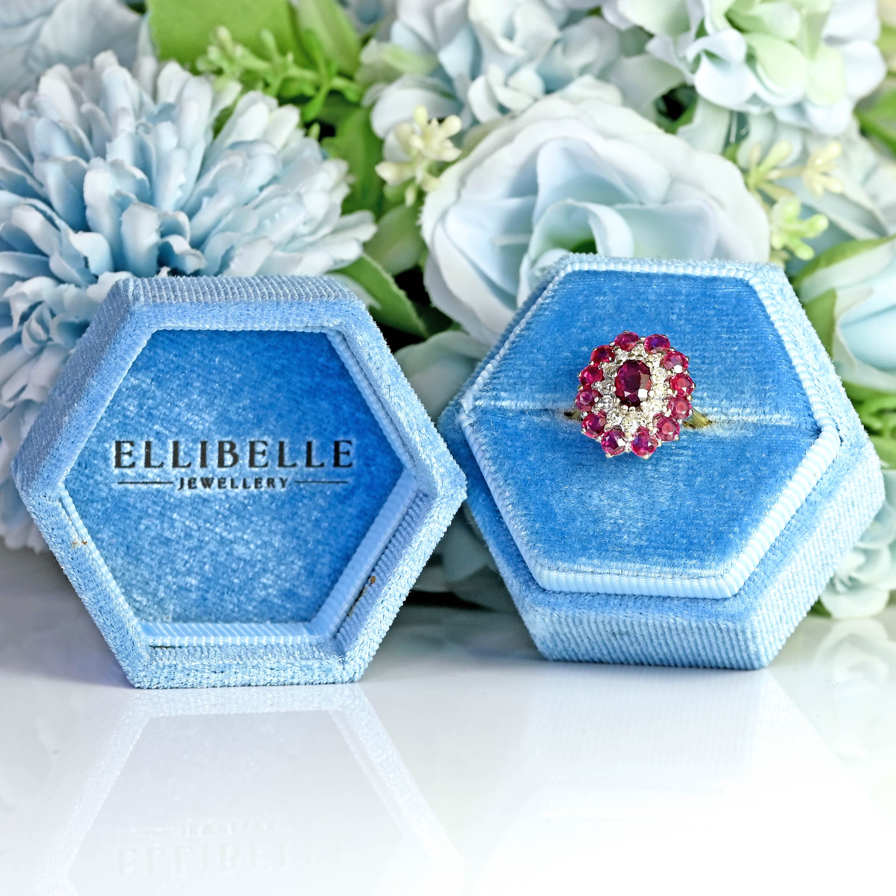 Ellibelle Jewellery Vintage 1974 Ruby & Diamond 18ct Gold Cluster Dress Ring