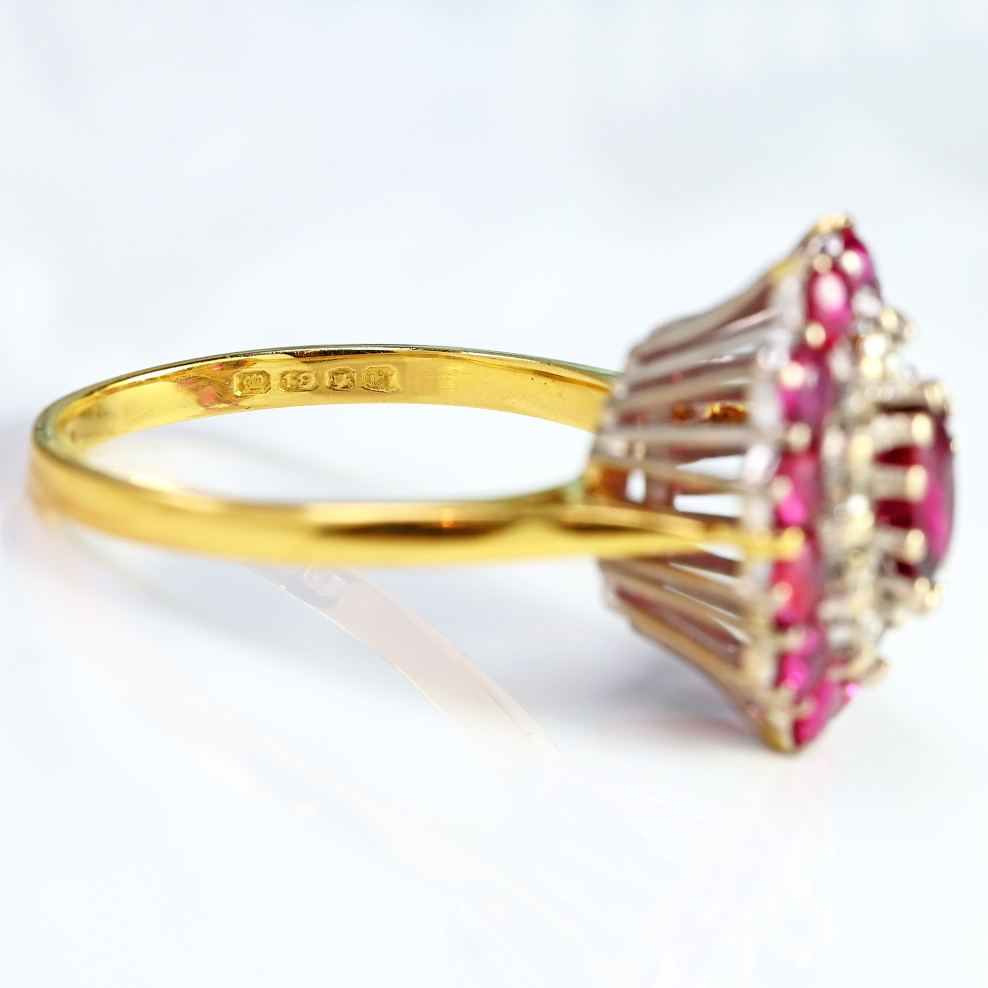 Ellibelle Jewellery Vintage 1974 Ruby & Diamond 18ct Gold Cluster Dress Ring