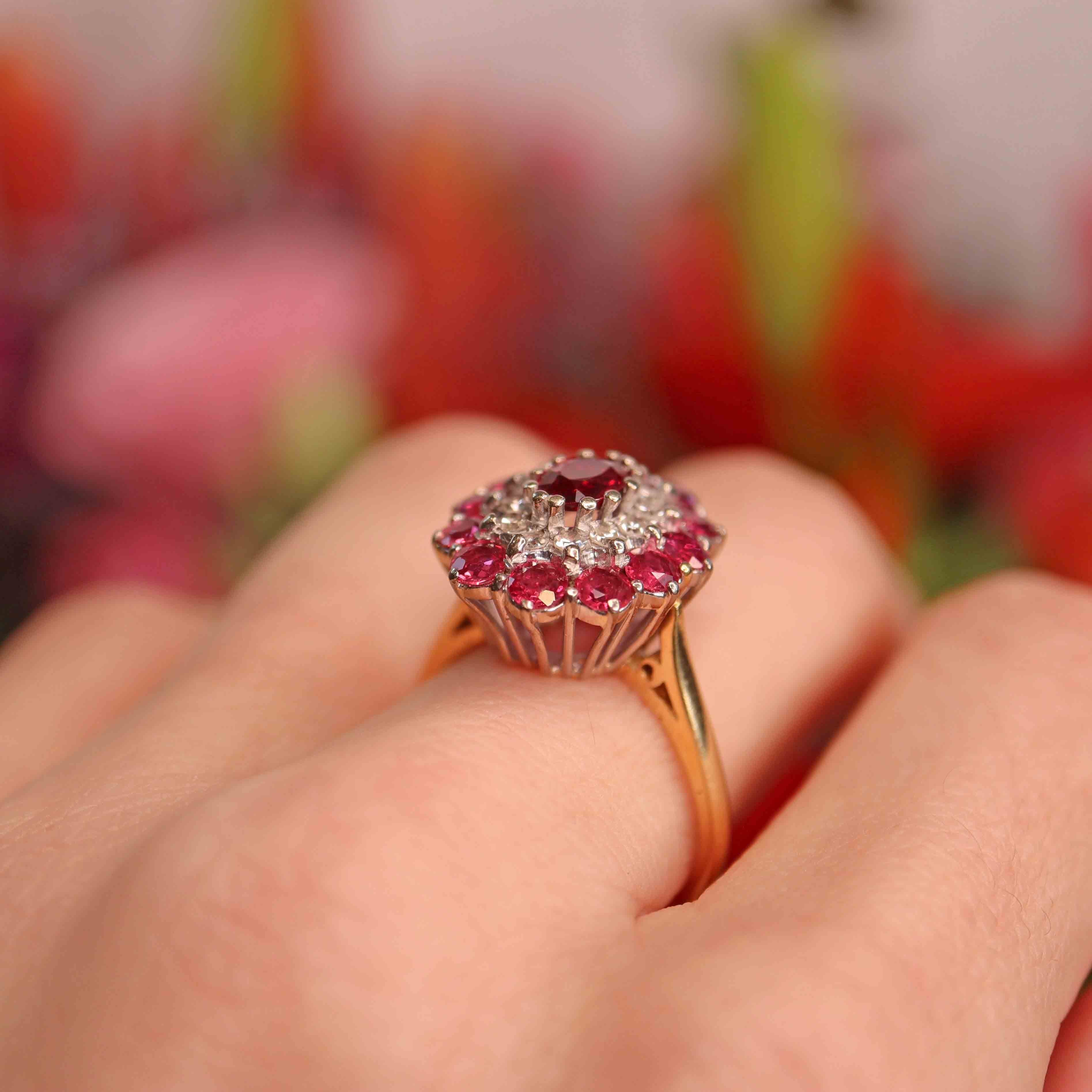 Ellibelle Jewellery Vintage 1974 Ruby & Diamond 18ct Gold Cluster Dress Ring
