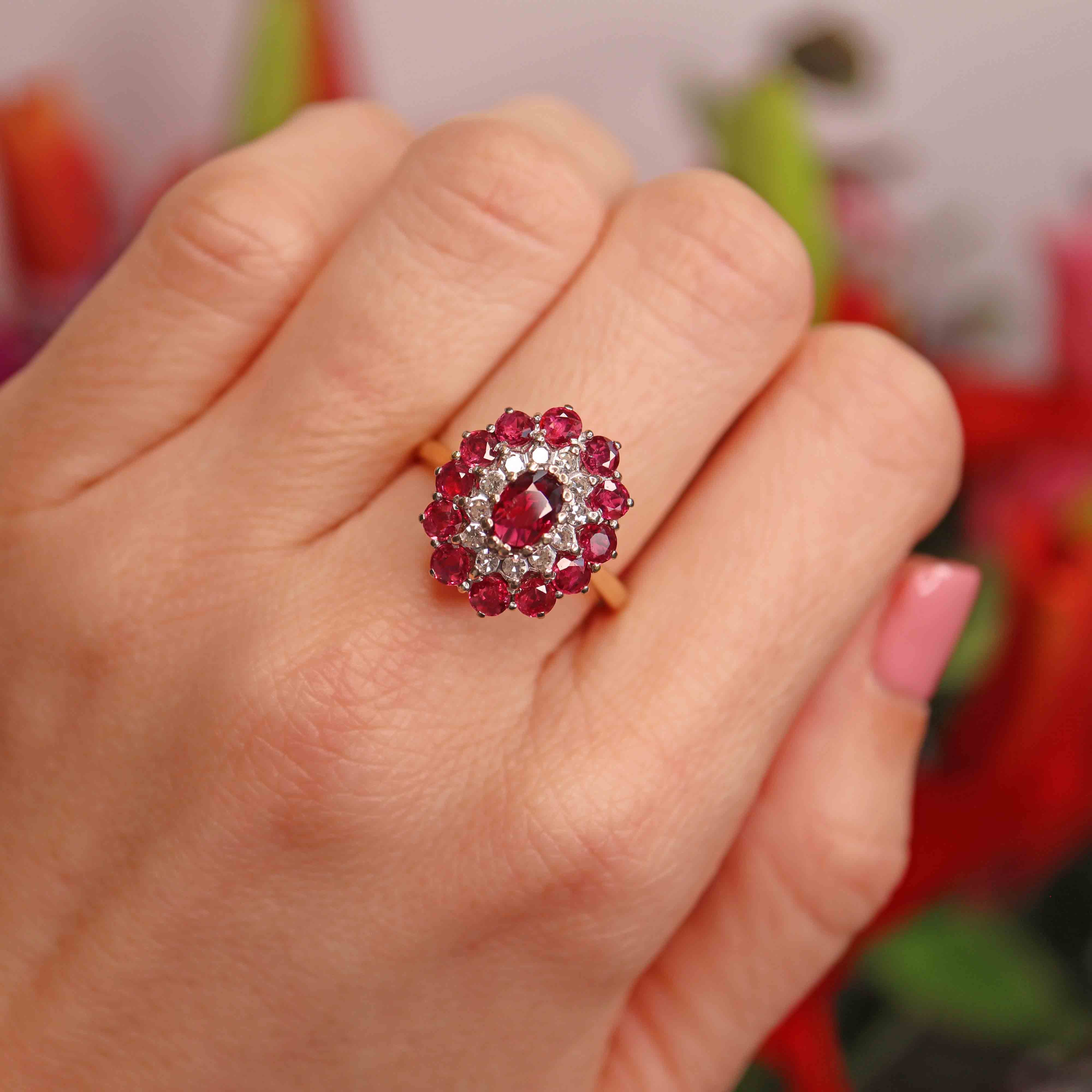 Ellibelle Jewellery Vintage 1974 Ruby & Diamond 18ct Gold Cluster Dress Ring