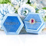 Ellibelle Jewellery Vintage 1974 Ruby & Diamond 18ct Gold Halo Cluster Ring