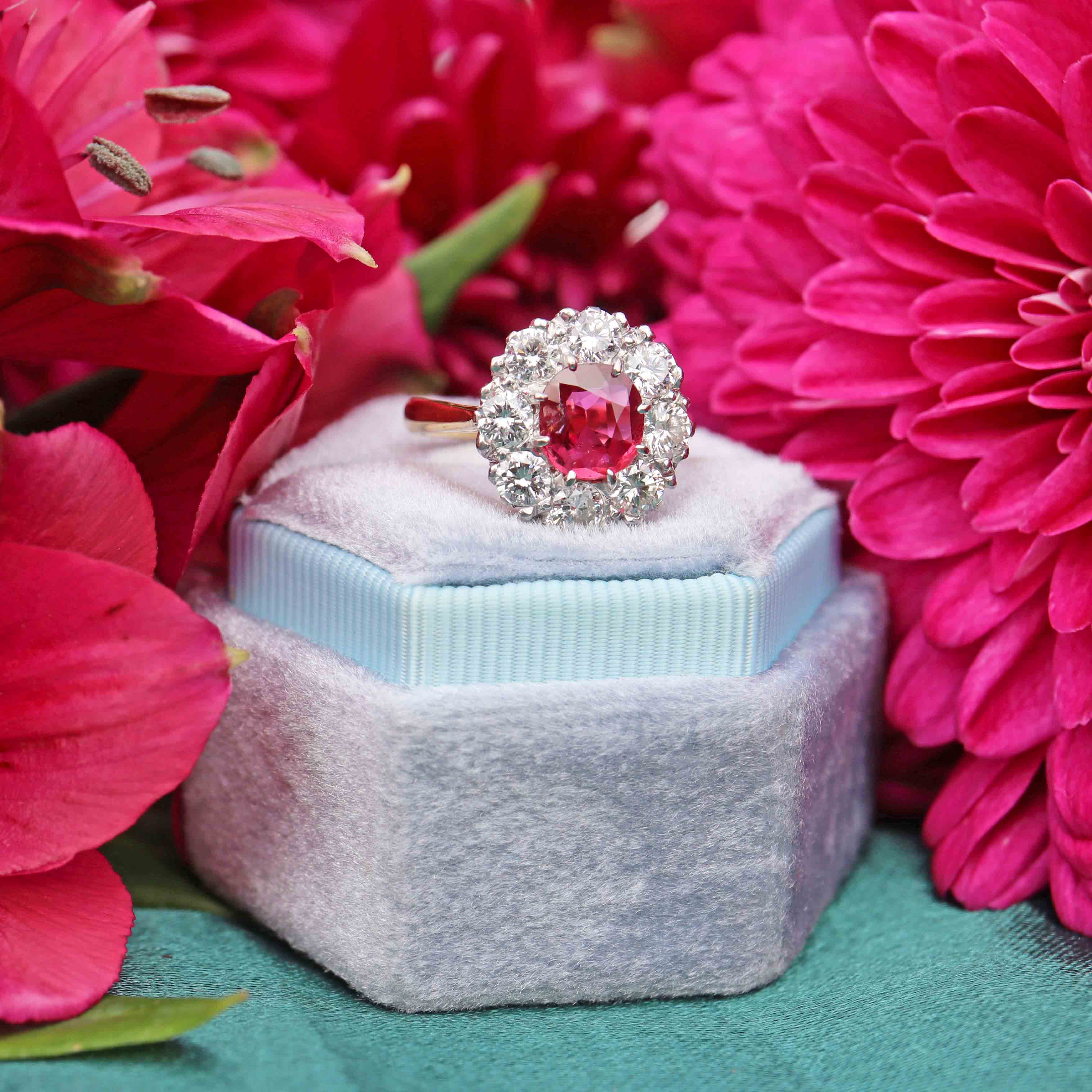Ellibelle Jewellery Vintage 1974 Ruby & Diamond 18ct Gold Halo Cluster Ring