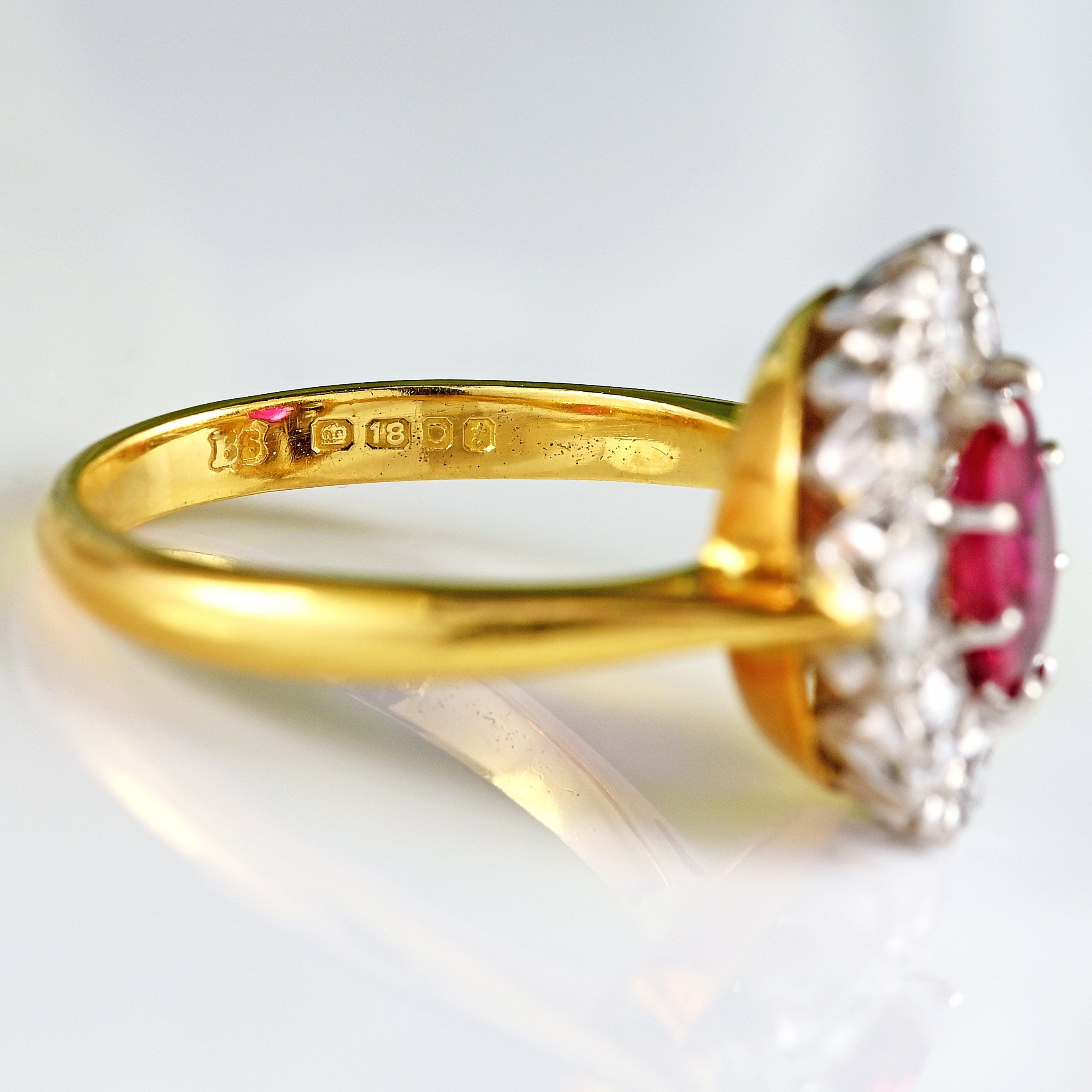 Ellibelle Jewellery Vintage 1974 Ruby & Diamond 18ct Gold Halo Cluster Ring