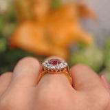 Ellibelle Jewellery Vintage 1974 Ruby & Diamond 18ct Gold Halo Cluster Ring