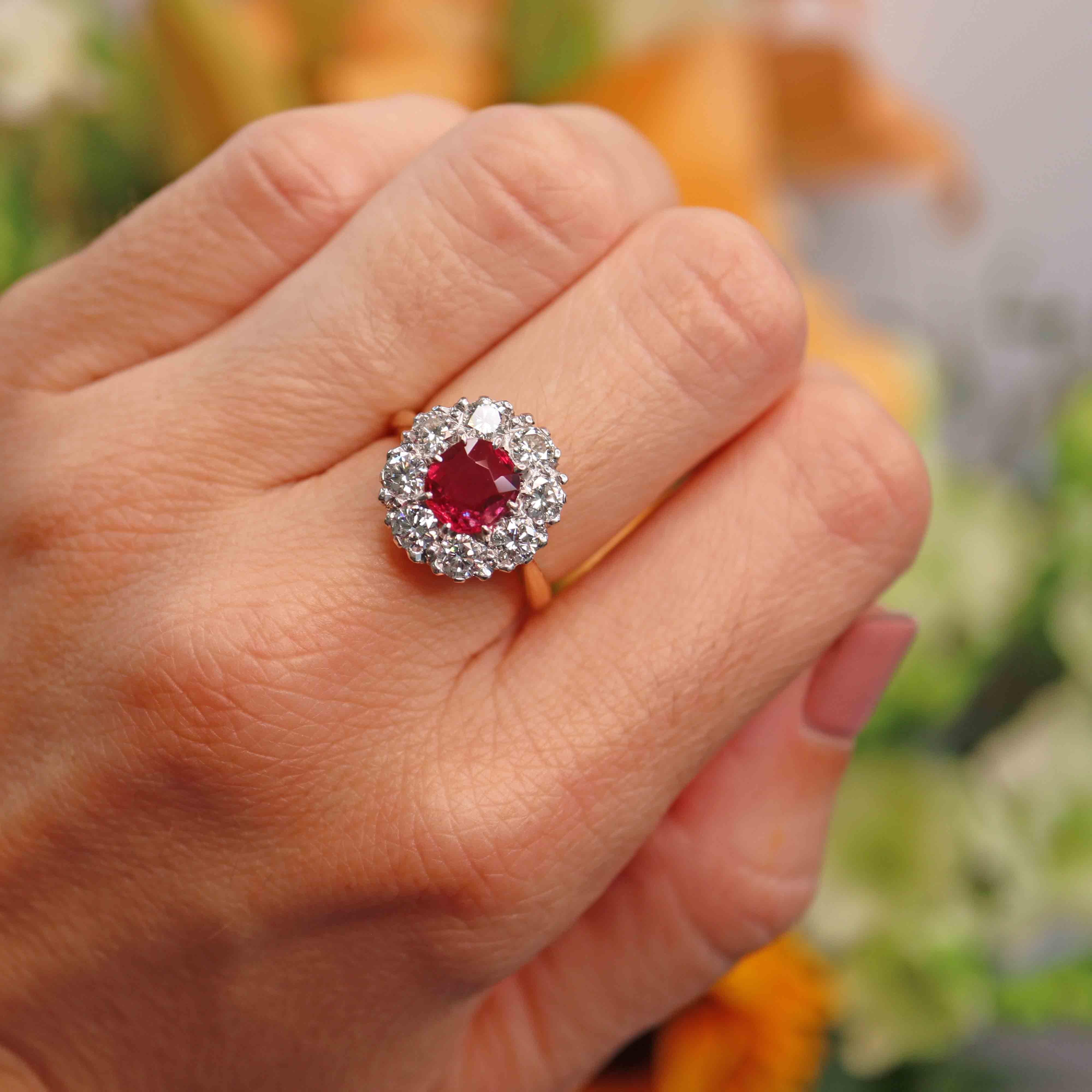 Ellibelle Jewellery Vintage 1974 Ruby & Diamond 18ct Gold Halo Cluster Ring