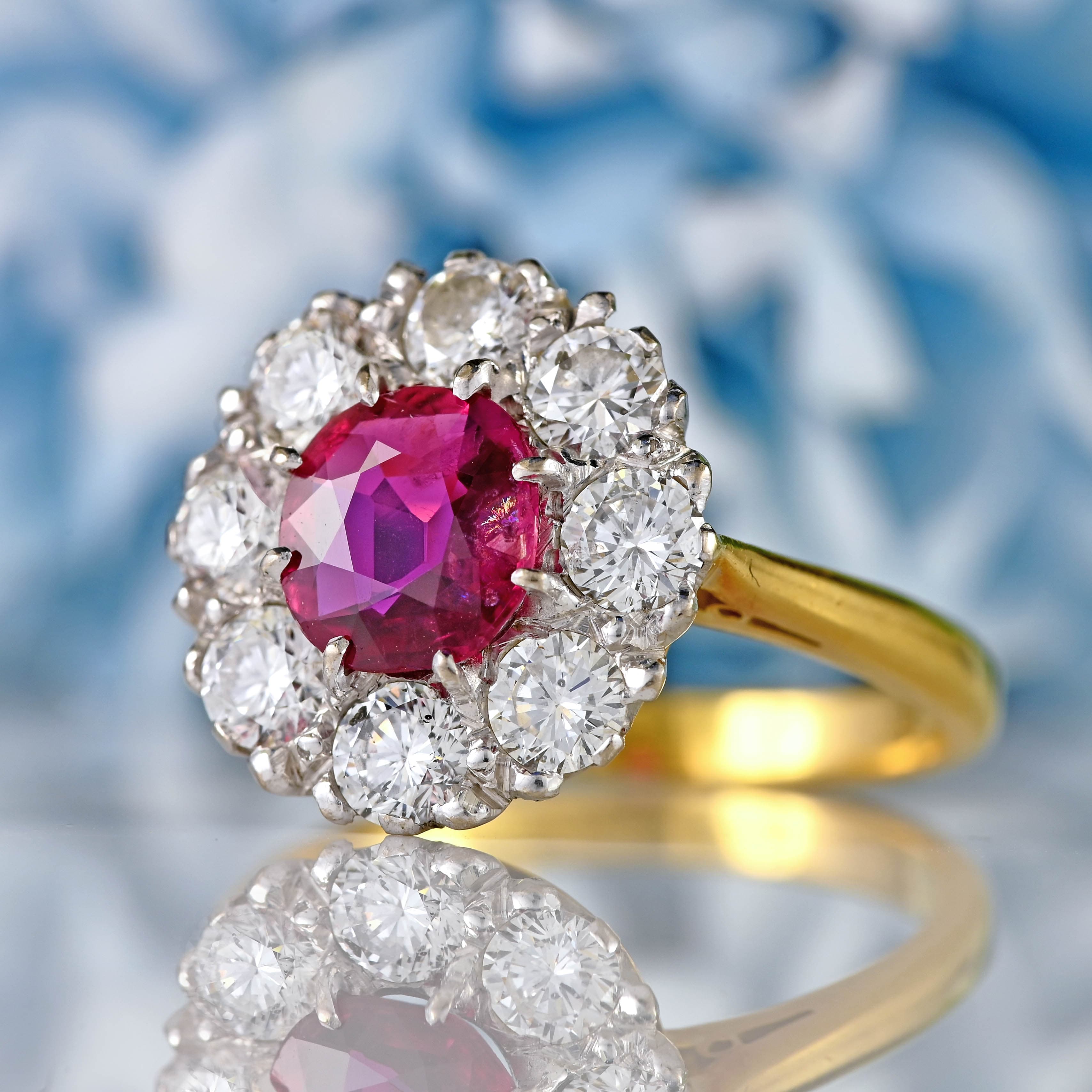 Ellibelle Jewellery Vintage 1974 Ruby & Diamond 18ct Gold Halo Cluster Ring