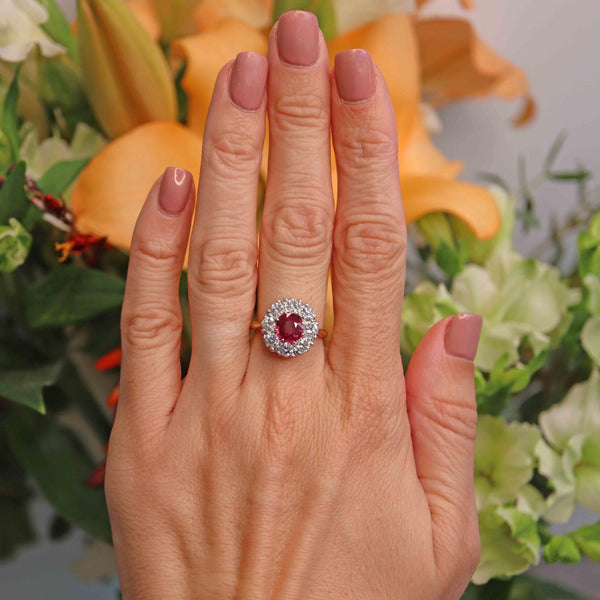Ellibelle Jewellery Vintage 1974 Ruby & Diamond 18ct Gold Halo Cluster Ring