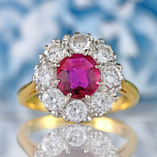 Ellibelle Jewellery Vintage 1974 Ruby & Diamond 18ct Gold Halo Cluster Ring