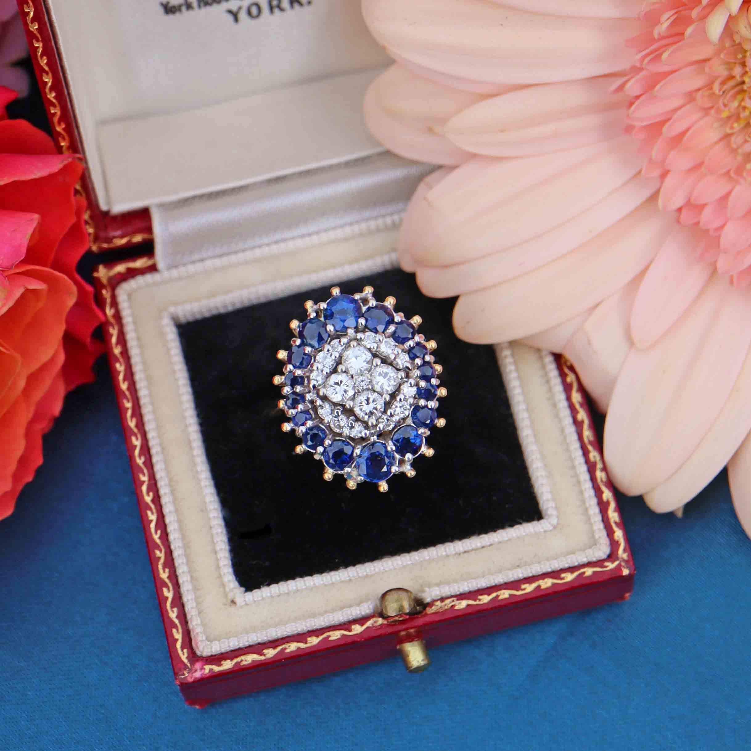 Ellibelle Jewellery Vintage 1974 Sapphire & Diamond 18ct Gold Cluster Ring