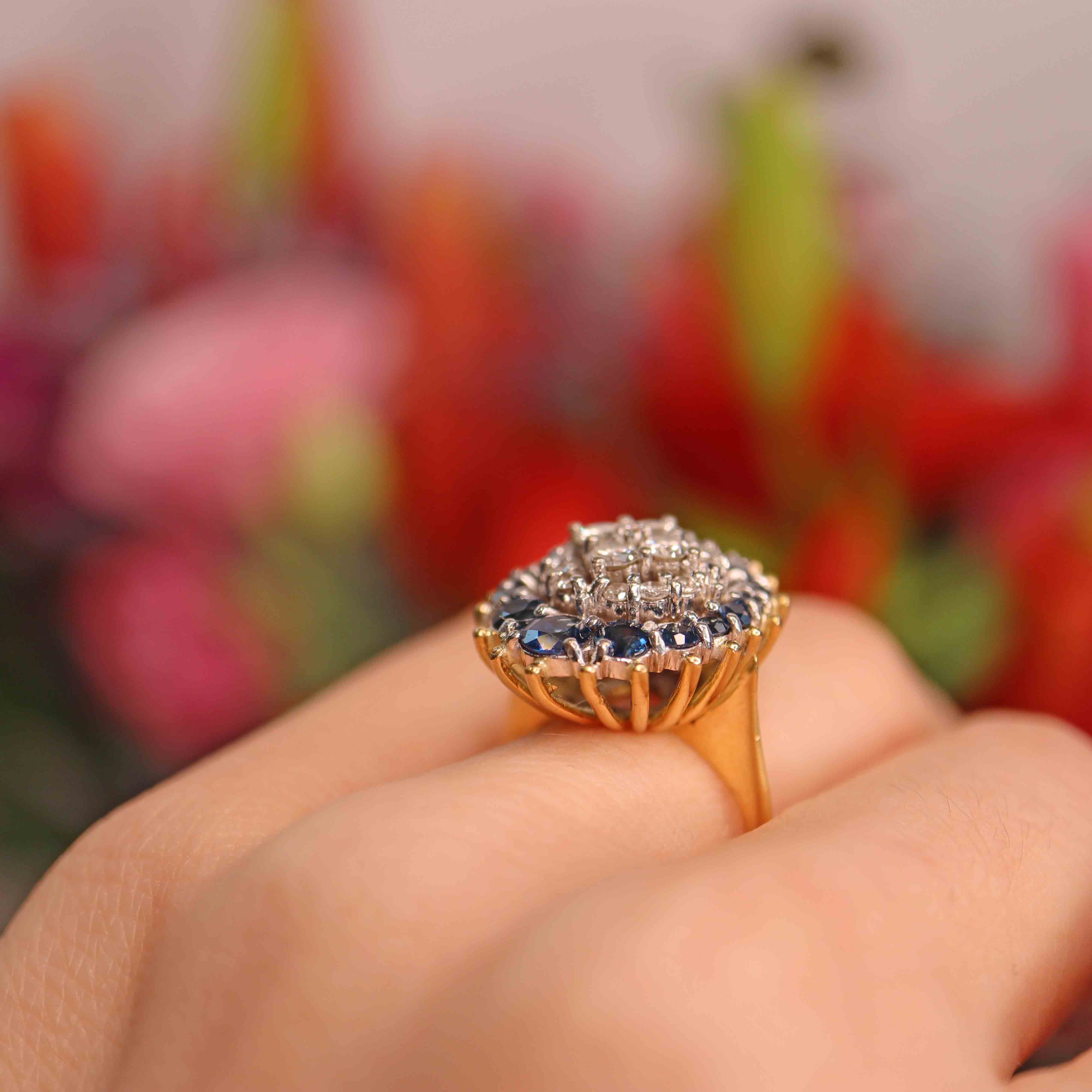 Ellibelle Jewellery Vintage 1974 Sapphire & Diamond 18ct Gold Cluster Ring