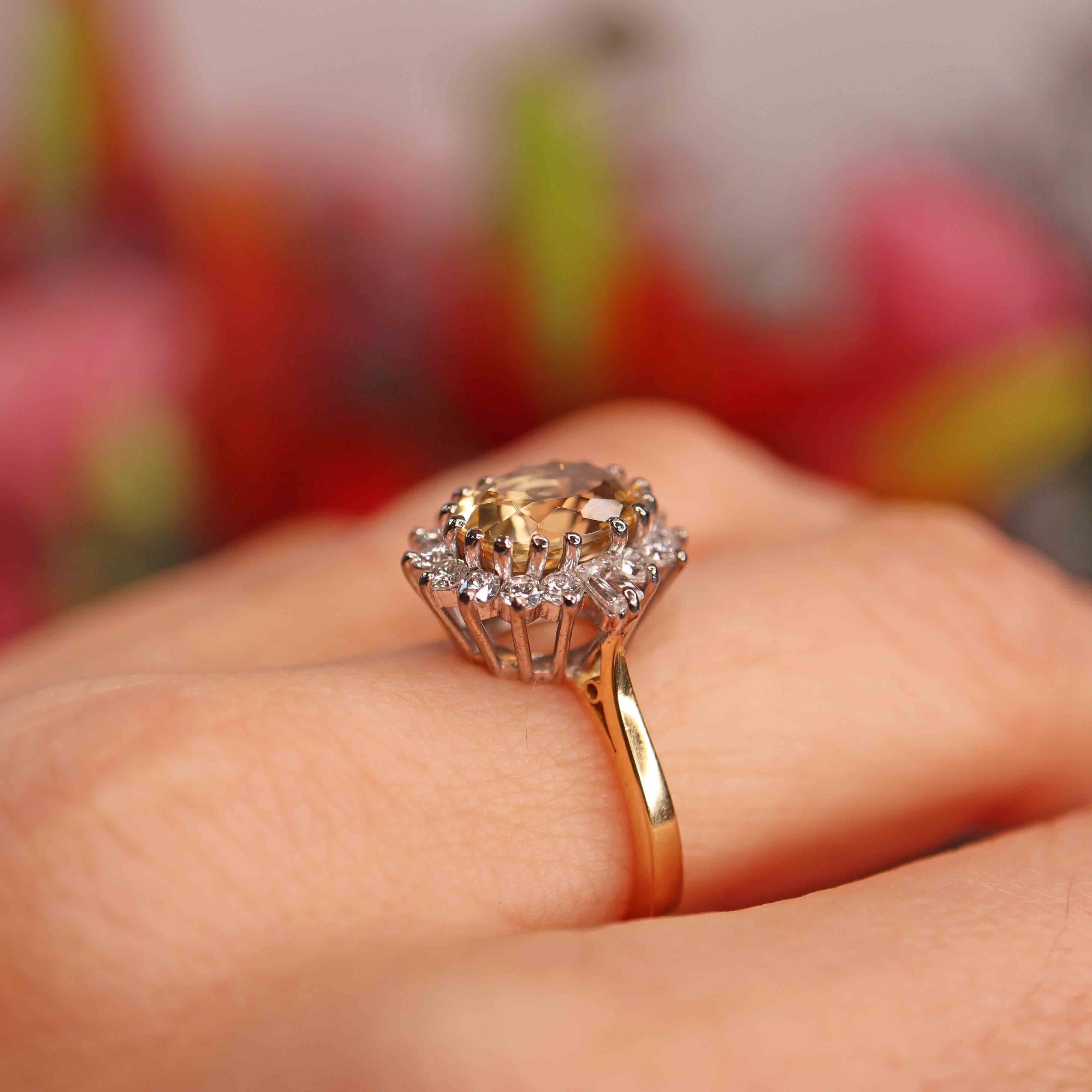 Ellibelle Jewellery Vintage 1974 Yellow Topaz & Diamond 18ct Gold Cluster Ring