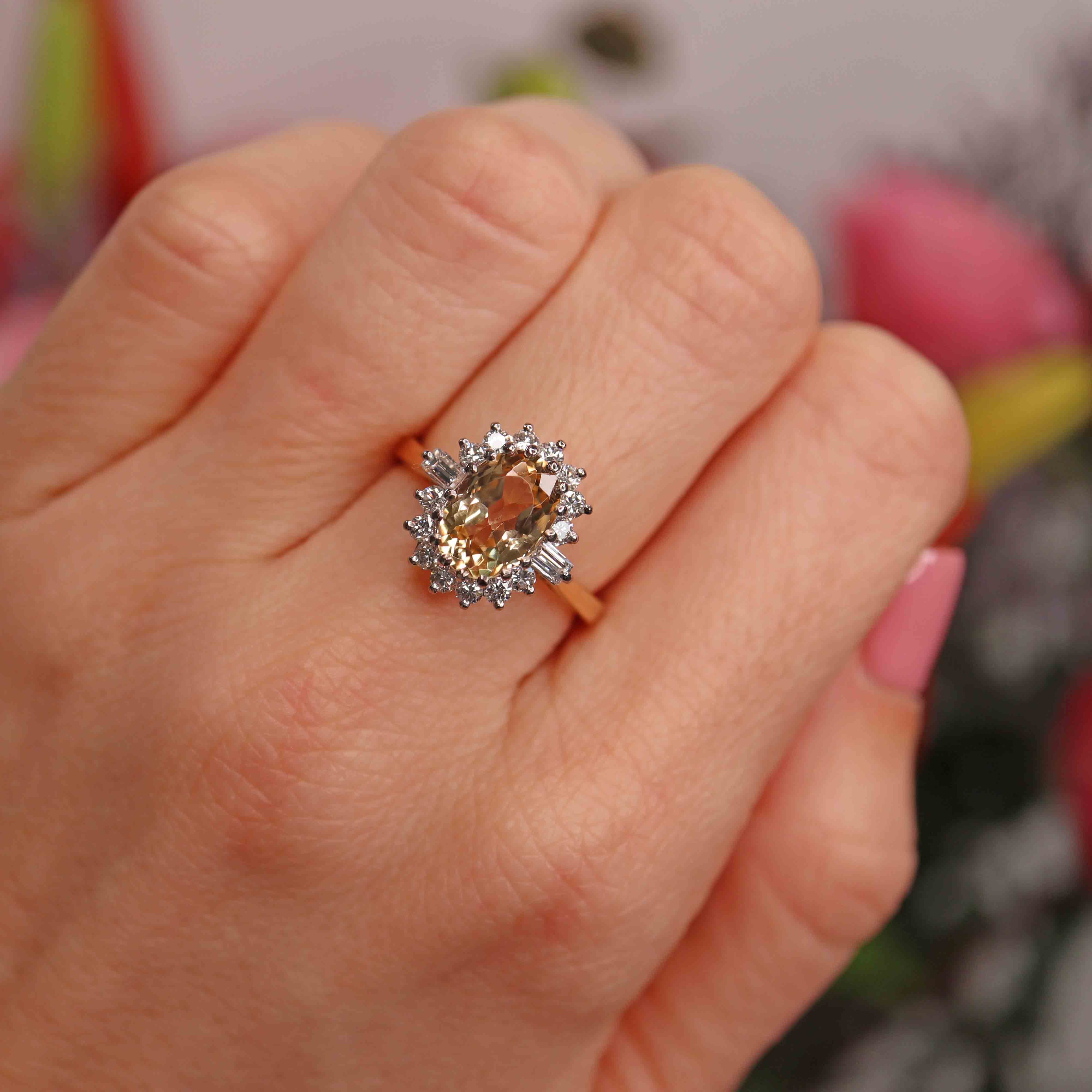 Ellibelle Jewellery Vintage 1974 Yellow Topaz & Diamond 18ct Gold Cluster Ring