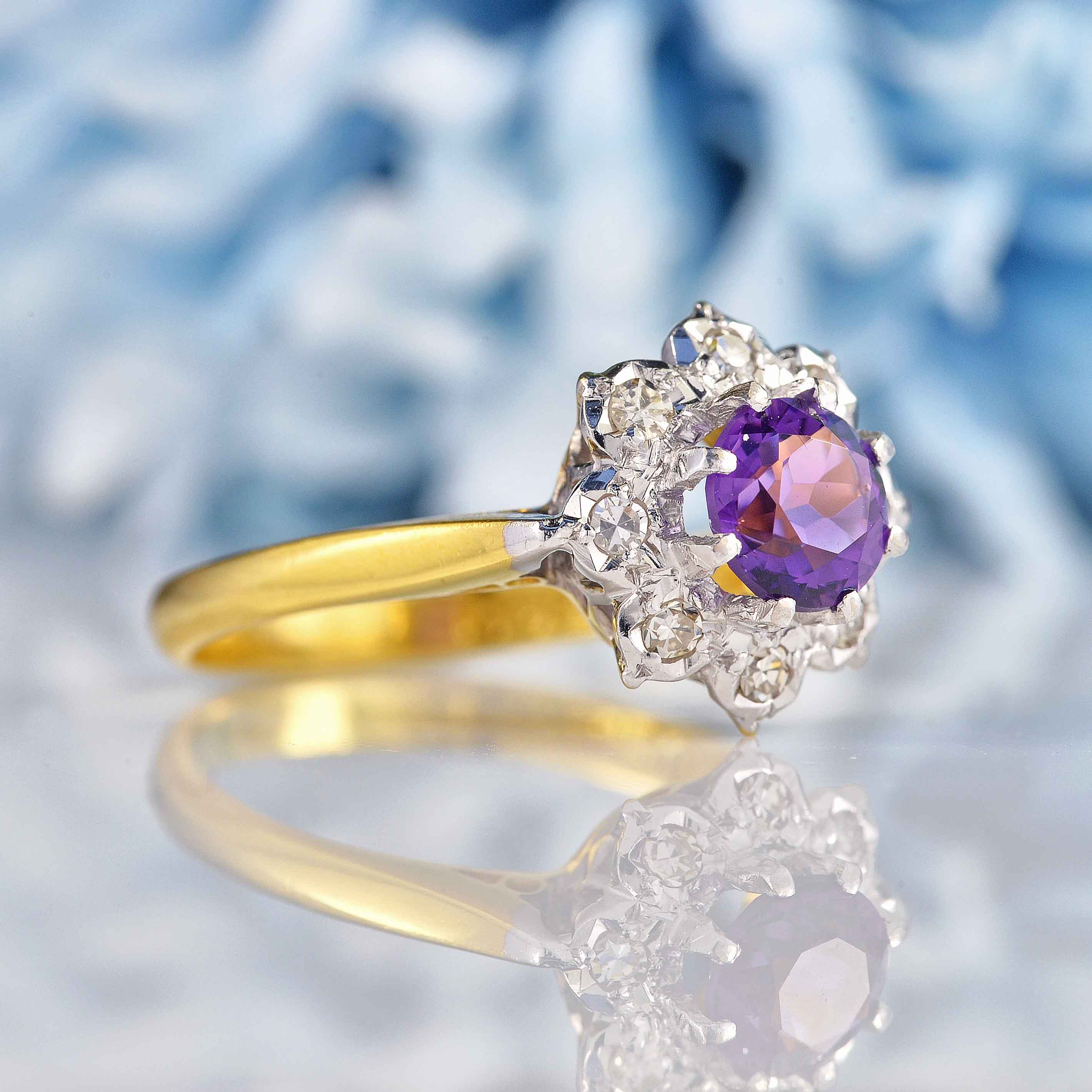 Ellibelle Jewellery Vintage 1975 Amethyst & Diamond 18ct Gold Flower Cluster Ring Draft