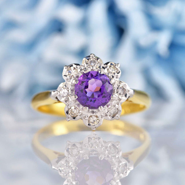 Ellibelle Jewellery Vintage 1975 Amethyst & Diamond 18ct Gold Flower Cluster Ring Draft